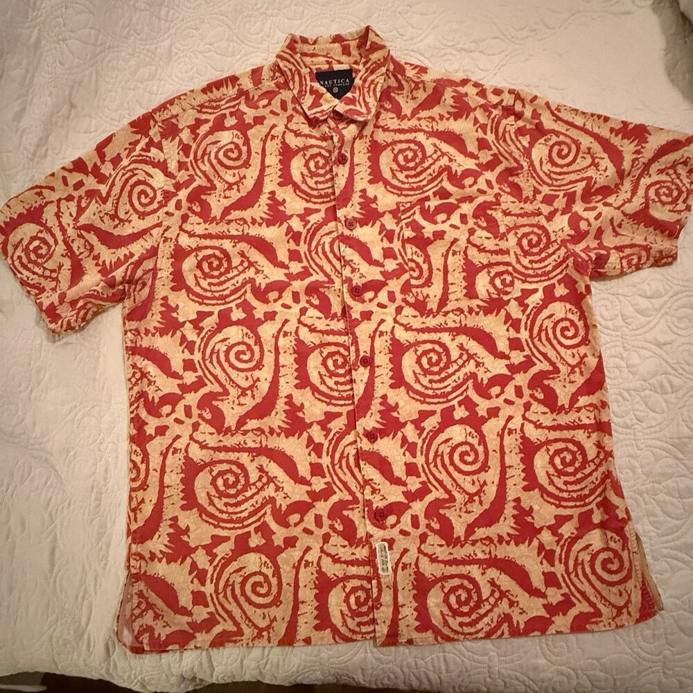 Vintage Nautica Mens Large Hawaiian Shirt Red Yellow Tribal Swirl Button Down